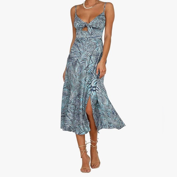Amazon Dresses & Skirts - Blue and Black Leaf Print Silky Dress